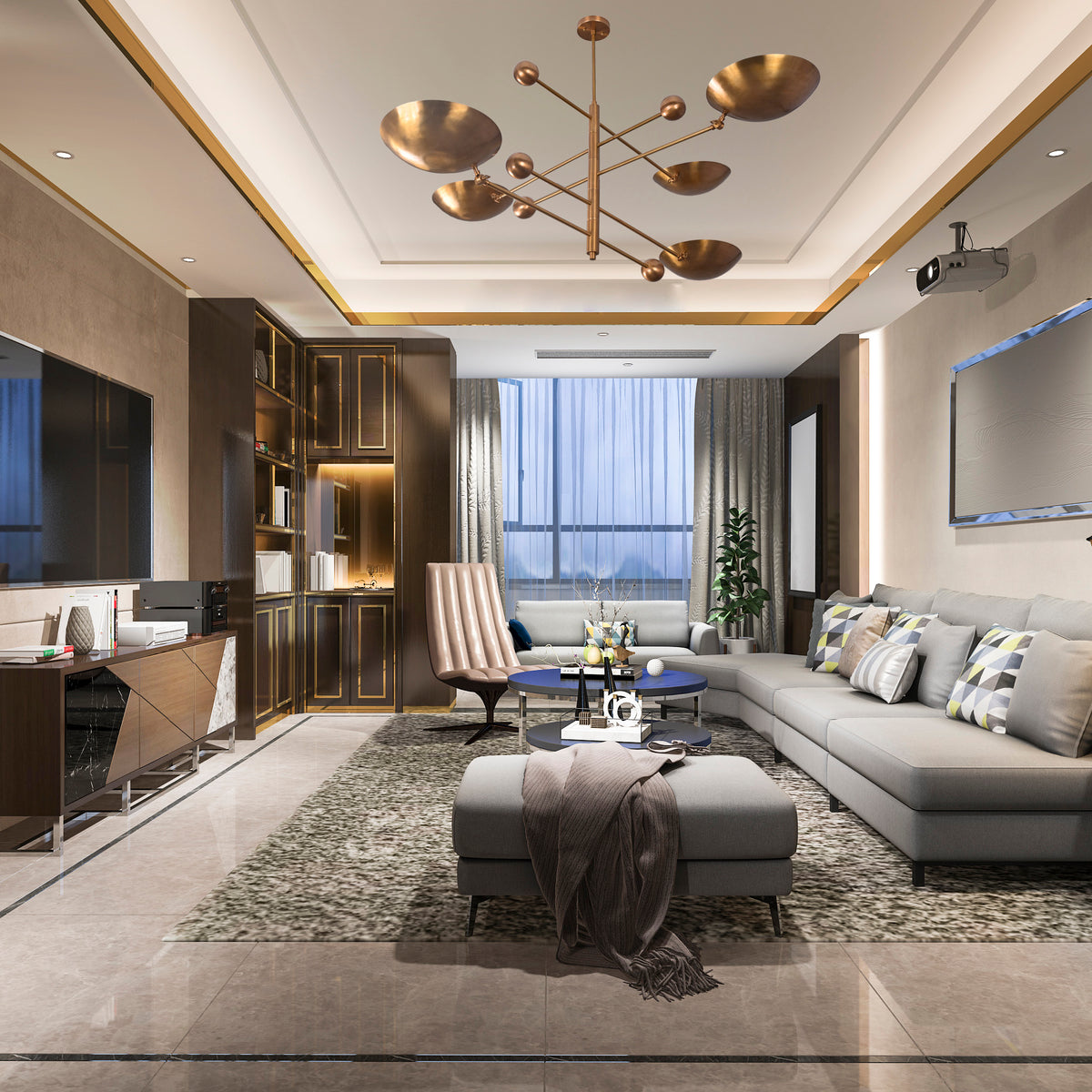 5-Light Uplight Brass Chandelier – Custom Handmade Mid-Century Modern Sculptural Ceiling Light |  - 32338