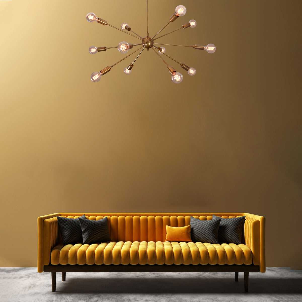 Customizable 12-Light Brass Sputnik Chandelier – Industrial Mid-Century Modern Bare Bulb Starburst Pendant Light - 32143
