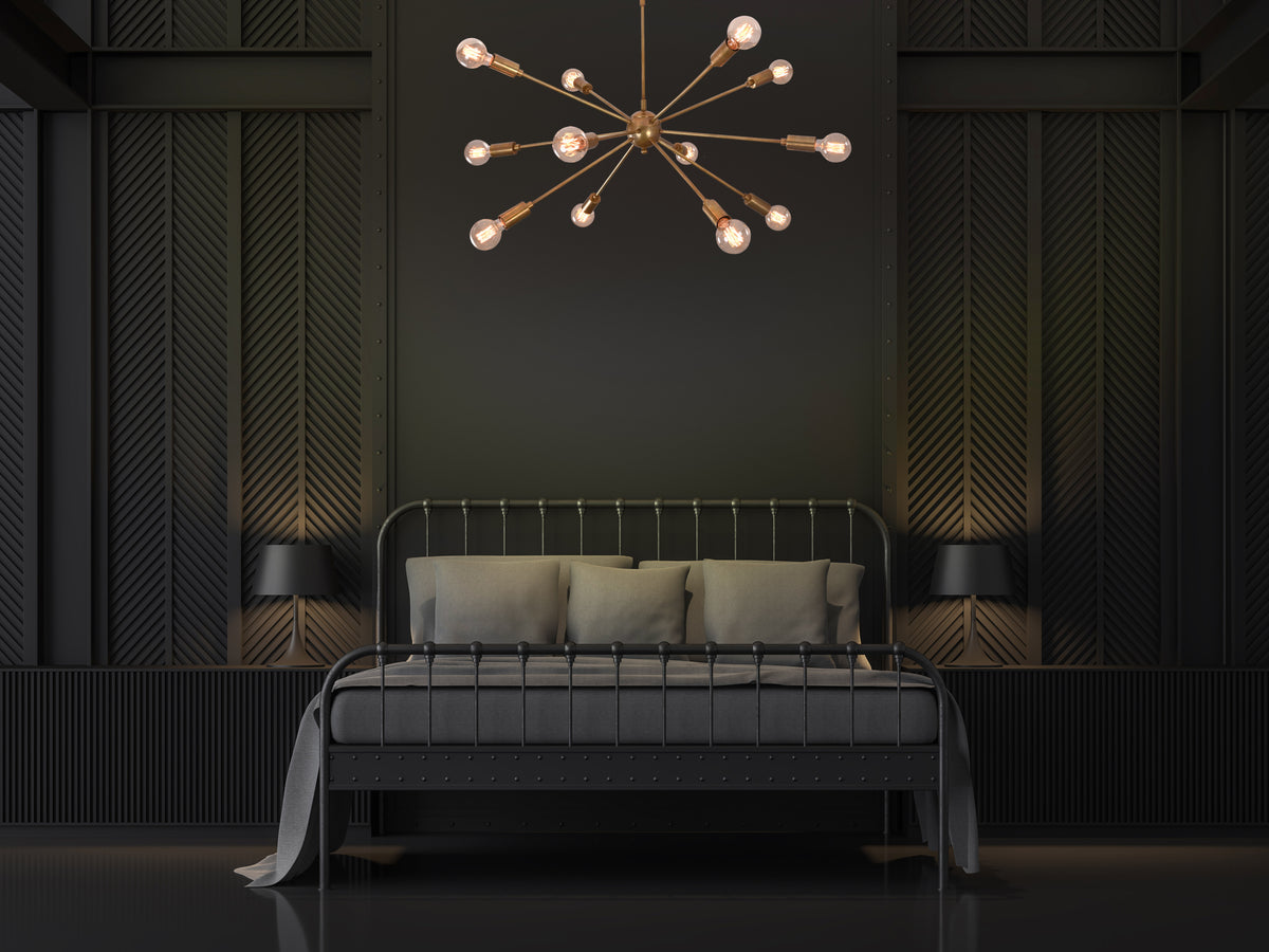 Customizable 12-Light Brass Sputnik Chandelier – Industrial Mid-Century Modern Bare Bulb Starburst Pendant Light - 32143