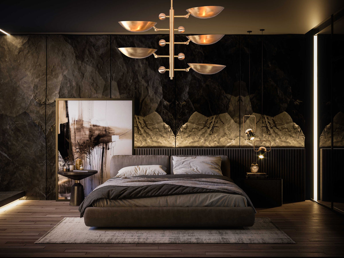 Modern Customizable Brass Chandelier | Mid-Century Ceiling Lamp | Contemporary Home Lighting | ColorfSemi Flush Ceiling Fixture - 32335