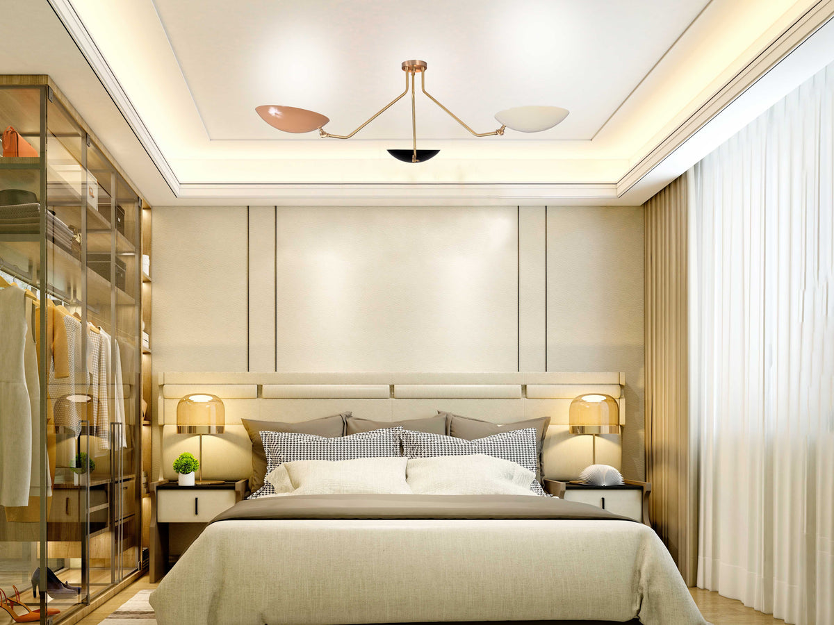 Brass Leaf Studio Industrial Brass Made, 3 Light Elegant Ceiling Flush Mount Pendant Mid Century Modern Raw Brass Sputnik Chandelier Light Fixture