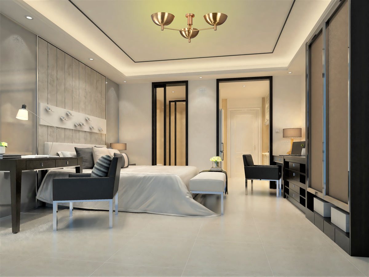 Modern Brass Flush Mount Ceiling Light | 3-Light Uplight Chandelier Custom Finish | Mid Century Modern Ceiling Fixture - 32333