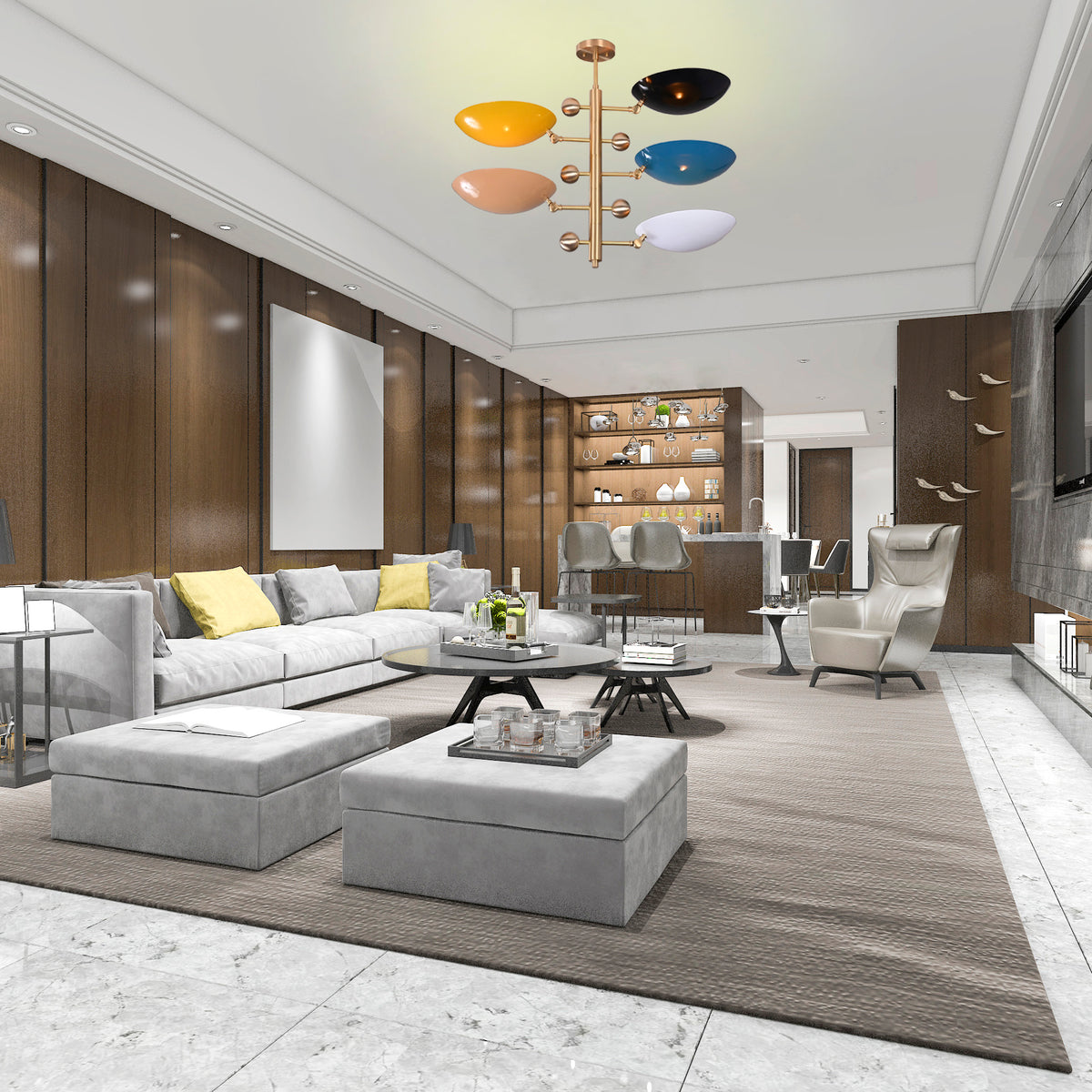 Modern Customizable Brass Chandelier | Mid-Century Ceiling Lamp | Contemporary Home Lighting | ColorfSemi Flush Ceiling Fixture - 32330