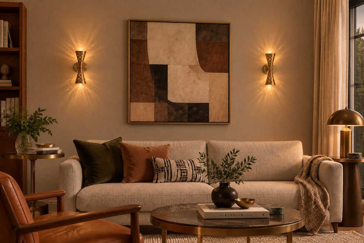 Customizable Ibiza brass wall sconce with perforated hourglass shades, brushed finish and warm ambient lighting