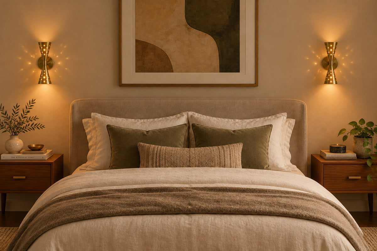 Decorative perforated brass wall light producing glowing pinpoints and warm light across a modern interior wall