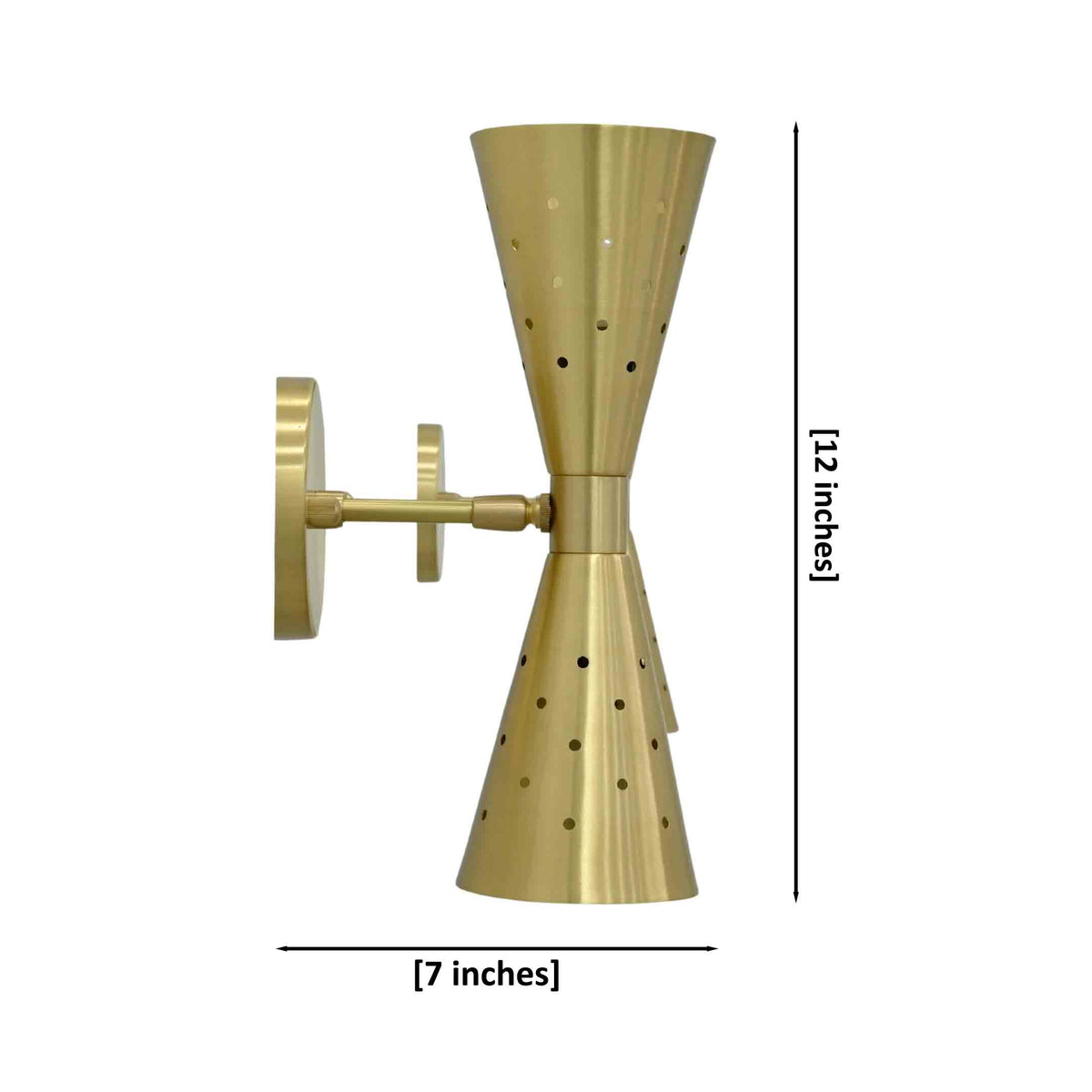 Ibiza perforated brass wall sconce with brushed brass finish and sculptural hourglass shaped double cone design
