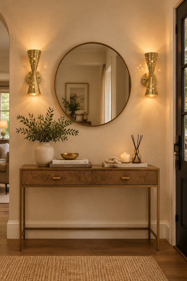 Solid brass statement wall sconce with brushed finish, sculptural tapered shades and architectural wall profile