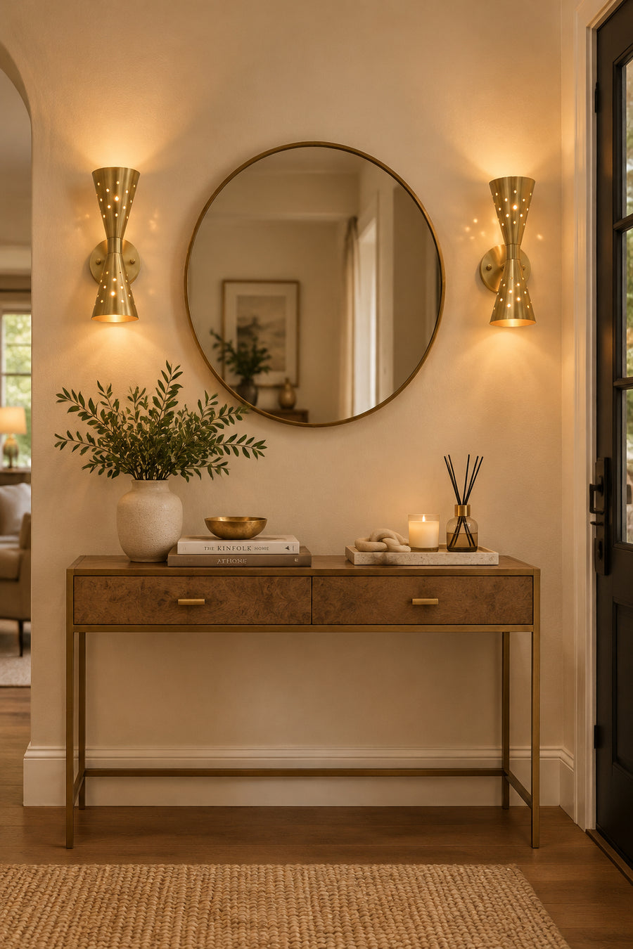 Solid brass statement wall sconce with brushed finish, sculptural tapered shades and architectural wall profile