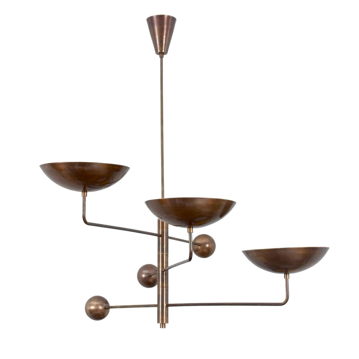 Three-arm brass chandelier with bowl shades in antique finish and linear balance design handcrafted by Brass Leaf Studio