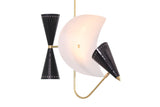 Industrial modern brass cone pendant light with curved disc backdrop and dual cone shades, statement ceiling fixture