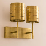 Industrial style brass dual wall sconce with horizontal slot detailing and solid brass construction, hardwired wall lighting