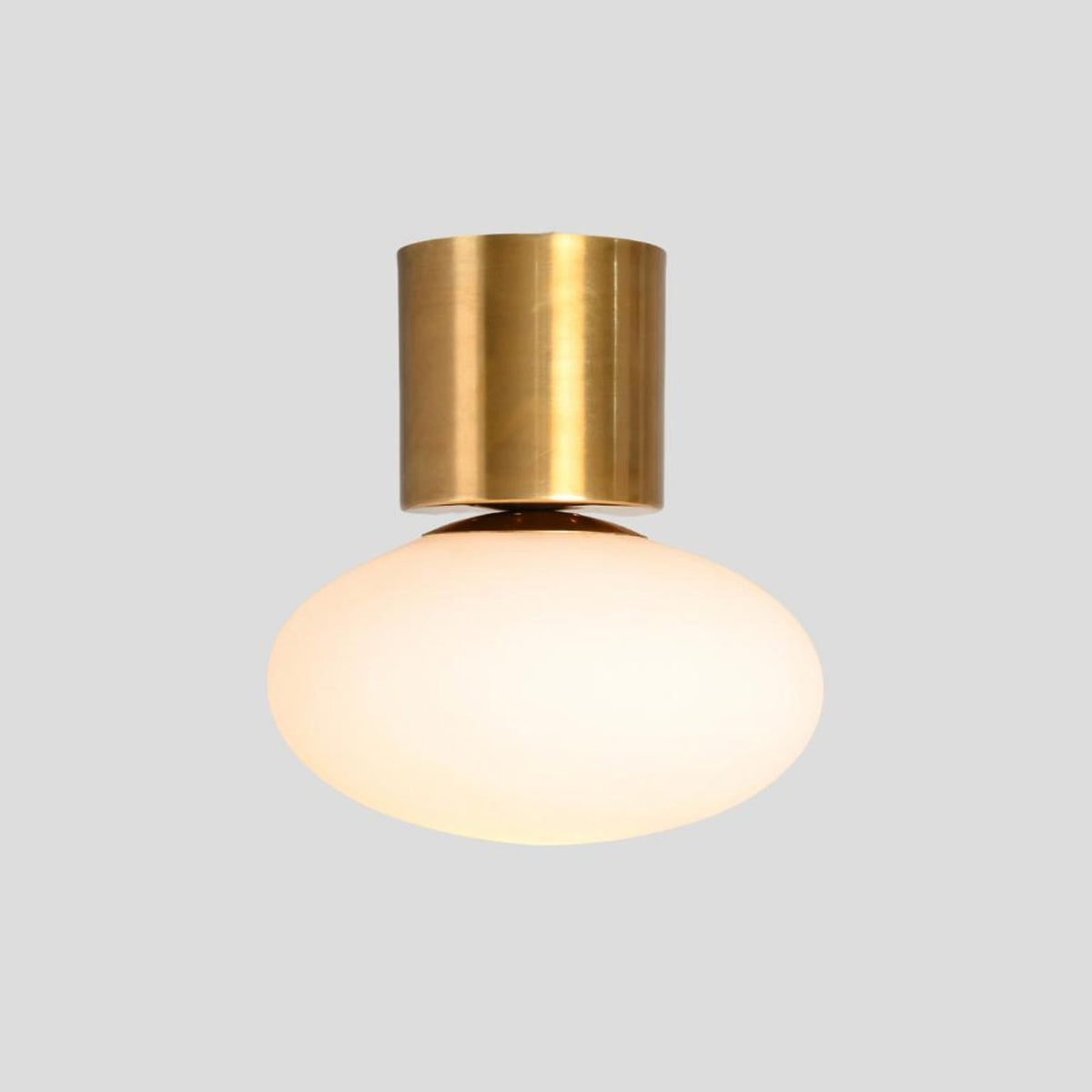 Industrial style brass ceiling light with frosted glass globe, durable handcrafted flush mount lighting by Brass Leaf Studio.