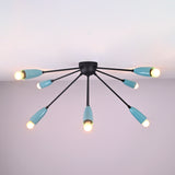 Angled ceiling view of industrial orbit brass flush mount light with eight radiating arms