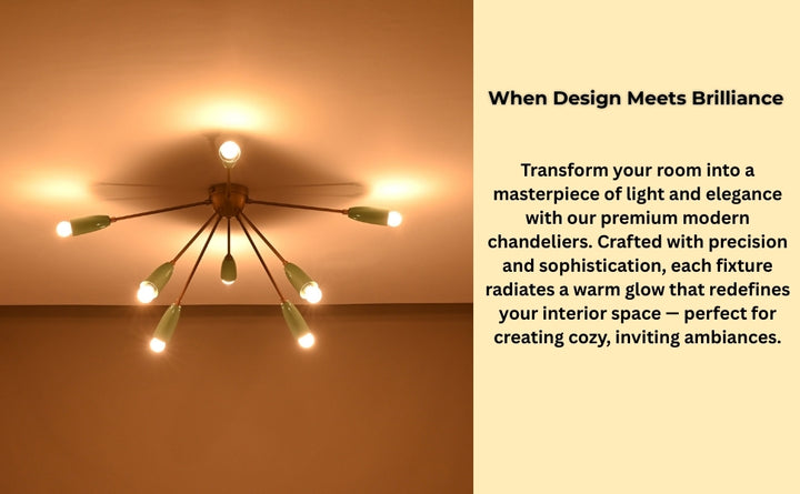 Modern sputnik chandelier installed in a minimalist kitchen with yellow dining chairs, showcasing artisan-crafted brass lighting in a clean interior setting