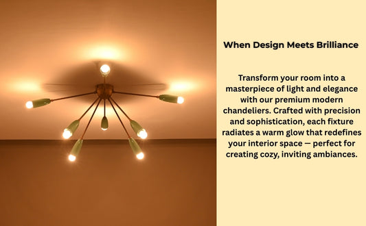 Modern sputnik chandelier installed in a minimalist kitchen with yellow dining chairs, showcasing artisan-crafted brass lighting in a clean interior setting