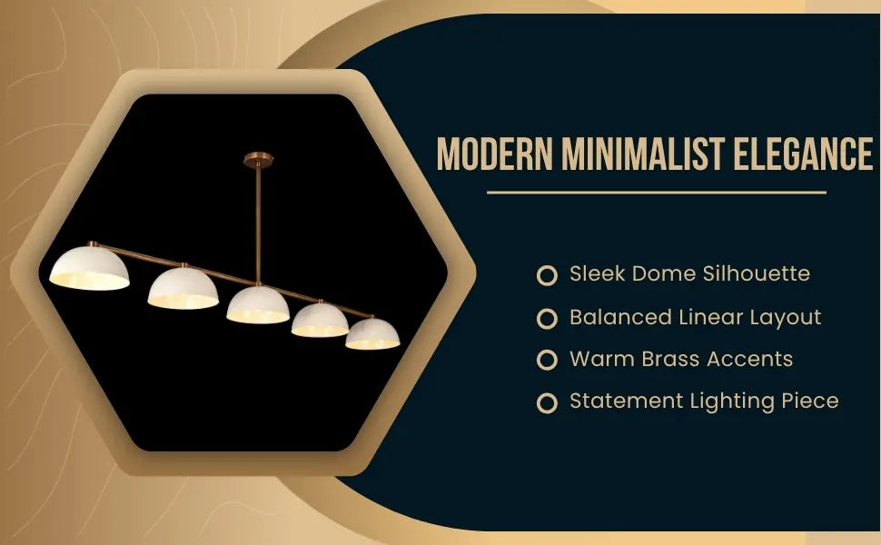 Open kitchen space with linear brass dome chandelier suspended above a wood-accented island, paired with poetic overlay