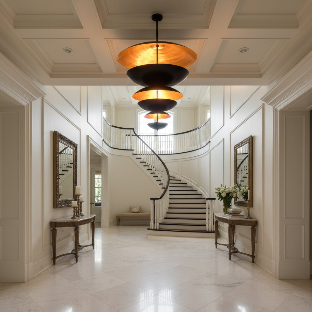 Large 42 inch disc chandelier installed in a modern living room with dramatic stacked saucer design and warm glow