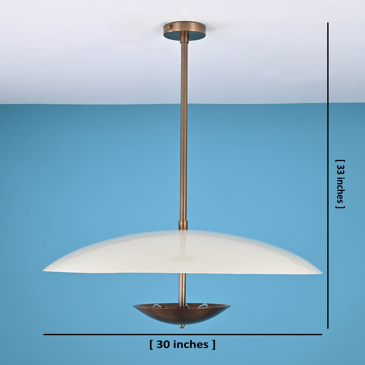 Large handmade brass pendant light measuring 30 inches wide by 33 inches high, featuring a sculptural dome design with customizable finishes.