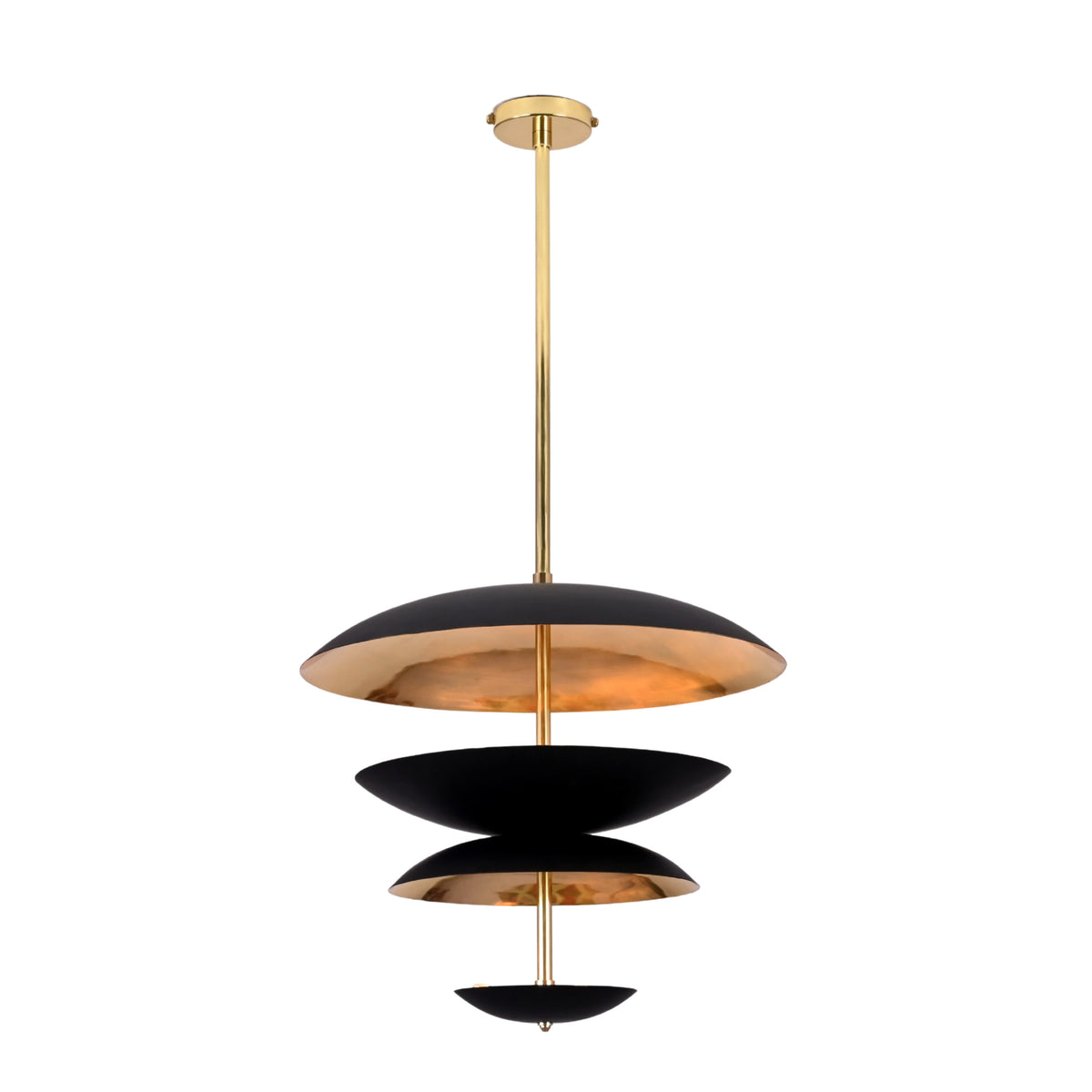 Side view of layered black and brass disc chandelier with sculptural bowl shades and premium brass rod