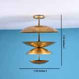 Brass chandelier with layered bowl shades showing dimensions of 18 inches width and 21 inches height.