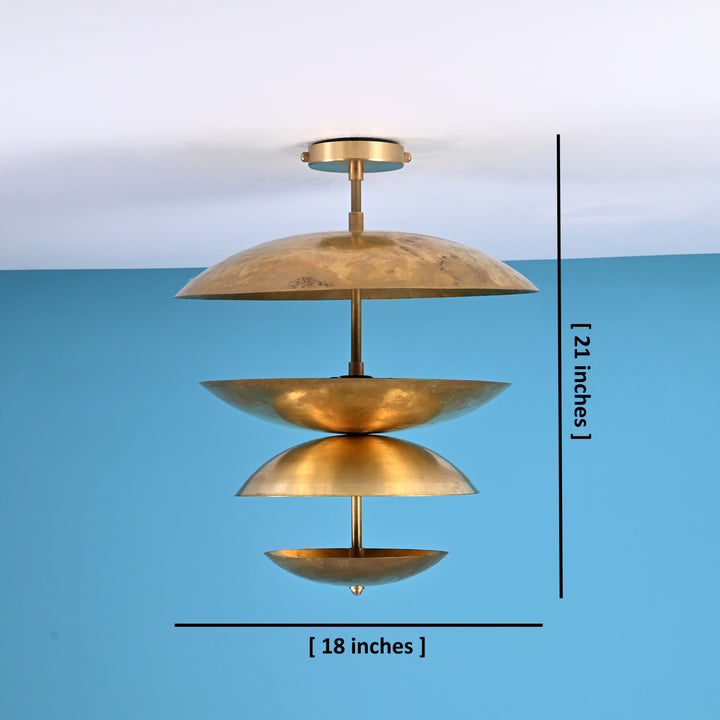 Brass chandelier with layered bowl shades showing dimensions of 18 inches width and 21 inches height.