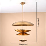 Layered brass disc chandelier showing 24-inch width and 38-inch height with sculptural stacked shade design.