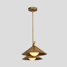 Unique layered brass pendant chandelier with two stacked cone shades, creating a bold industrial-modern statement for interiors.