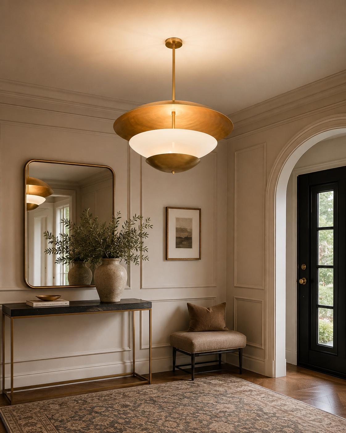 Layered disc pendant light dimension image showing 44 inch height and 33 inch width for size reference