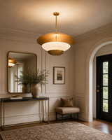 Layered disc pendant light dimension image showing 44 inch height and 33 inch width for size reference