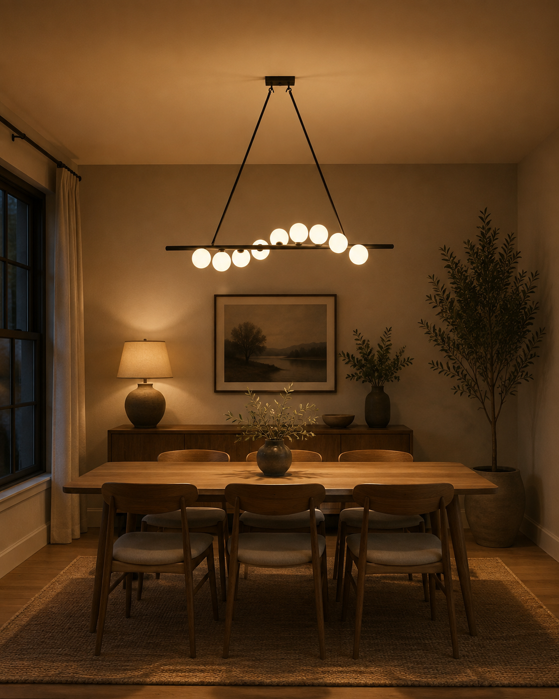 Linear 9-light globe chandelier with black bar design installed above a dining table in a warm modern interior