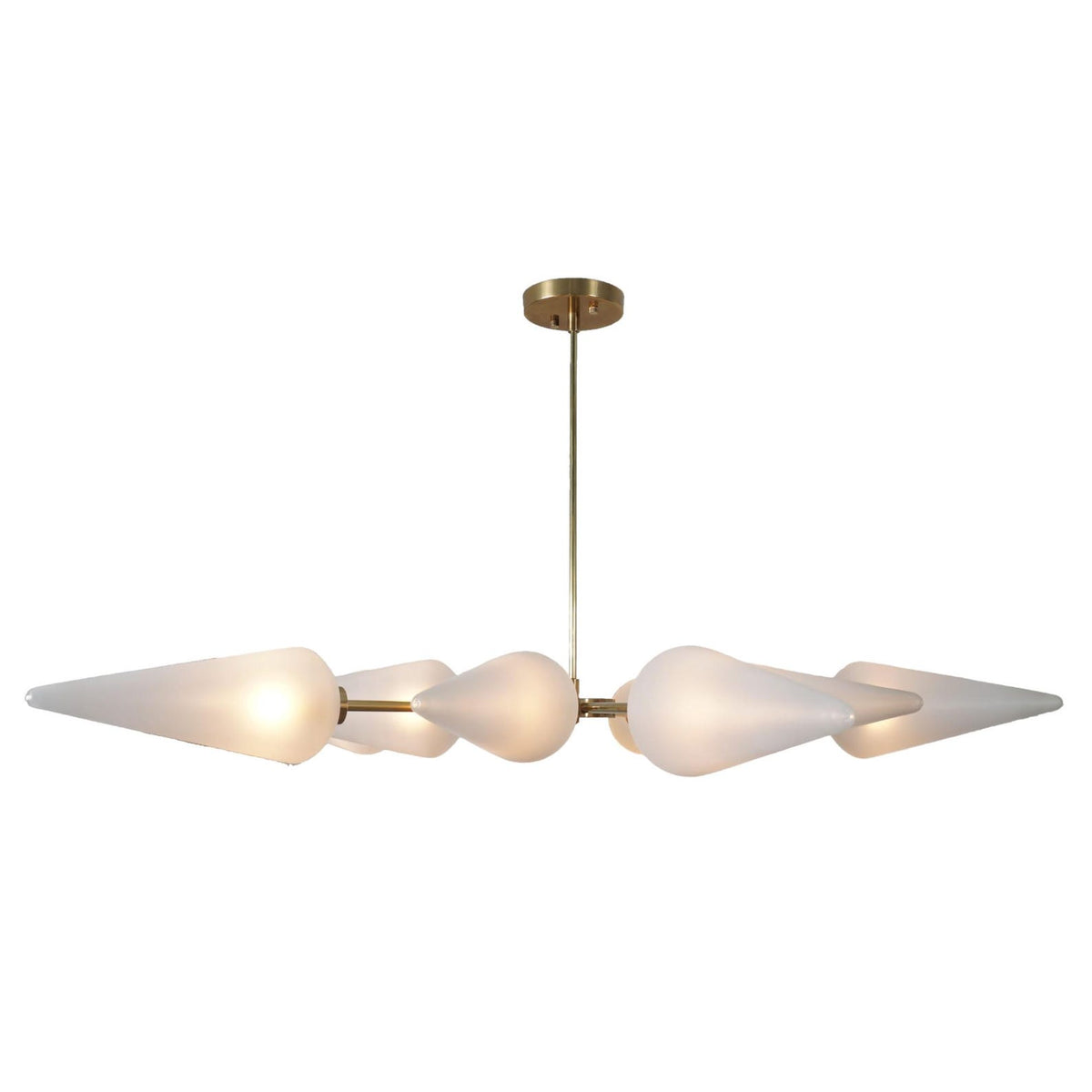 Side view of linear brass chandelier with sculpted frosted glass cones, offering modern design and elegant illumination.