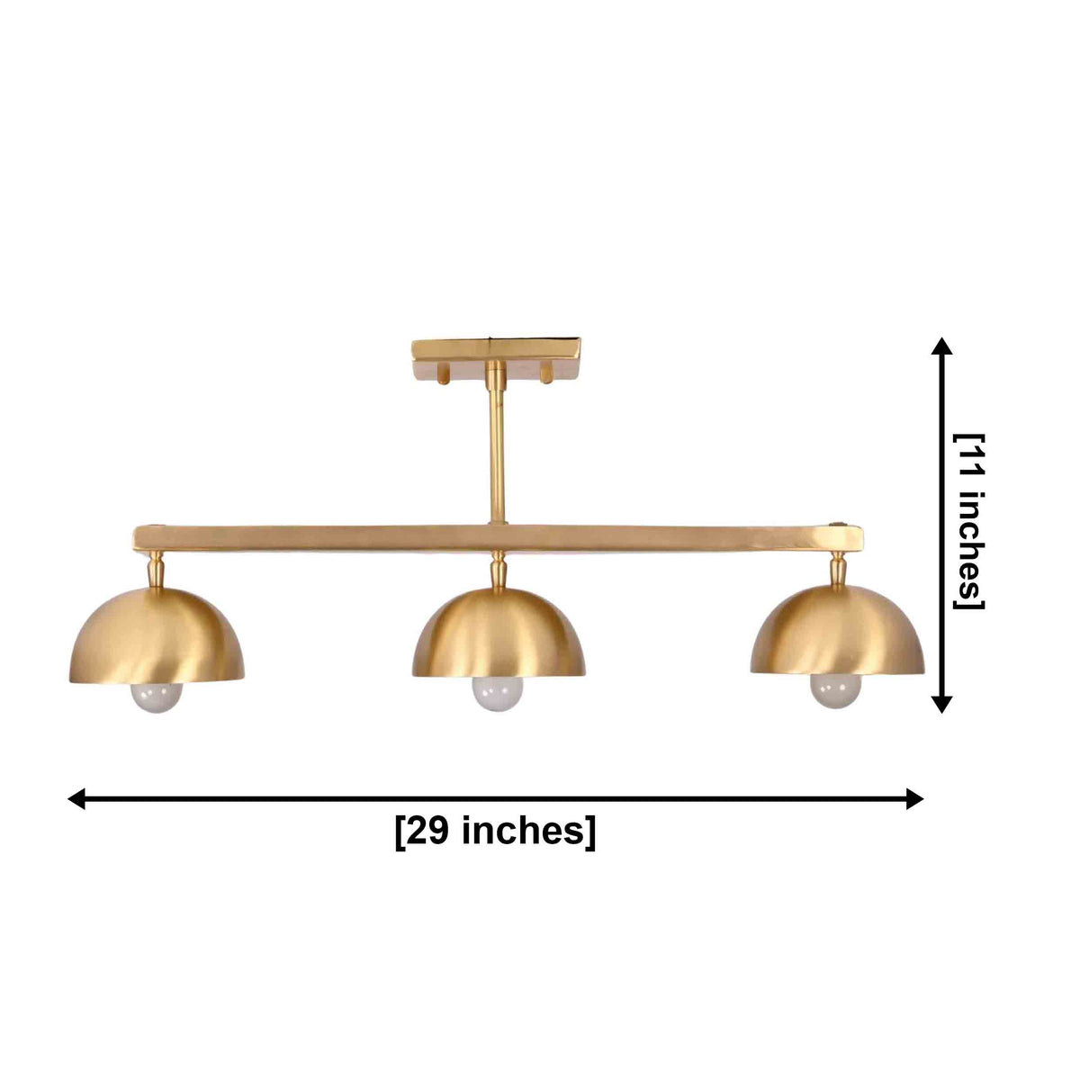 Linear dome ceiling light shown from front with three evenly spaced shades for kitchen island and hallway use