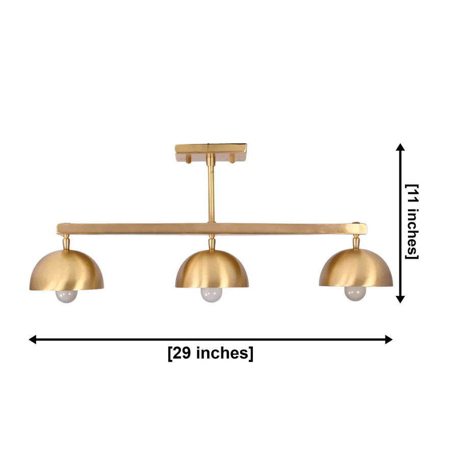 Solid brass 3-light semi flush mount ceiling fixture with linear bar and dome shades for dining room lighting