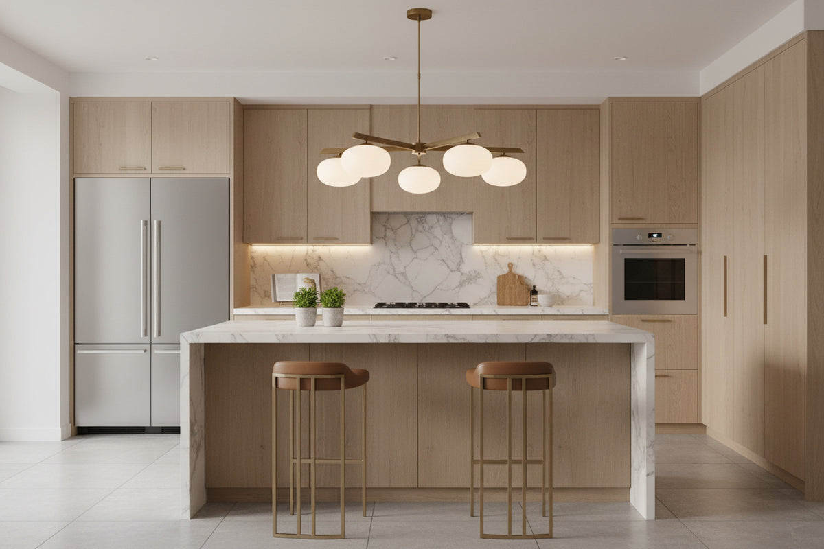 Closeup of linear ceiling light with glowing oval glass balls and warm brass frame details