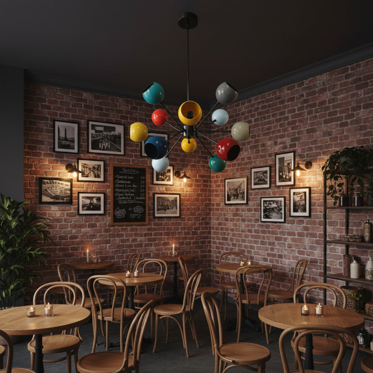 Tallinn 12 light multicolor Sputnik chandelier shown hanging from its black ceiling canopy and fixed stem.