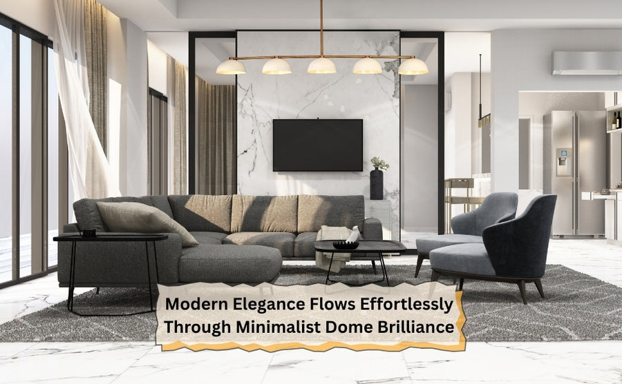 Modern living room with minimalist 5-light dome chandelier in brass, styled above a sectional sofa with caption overlay