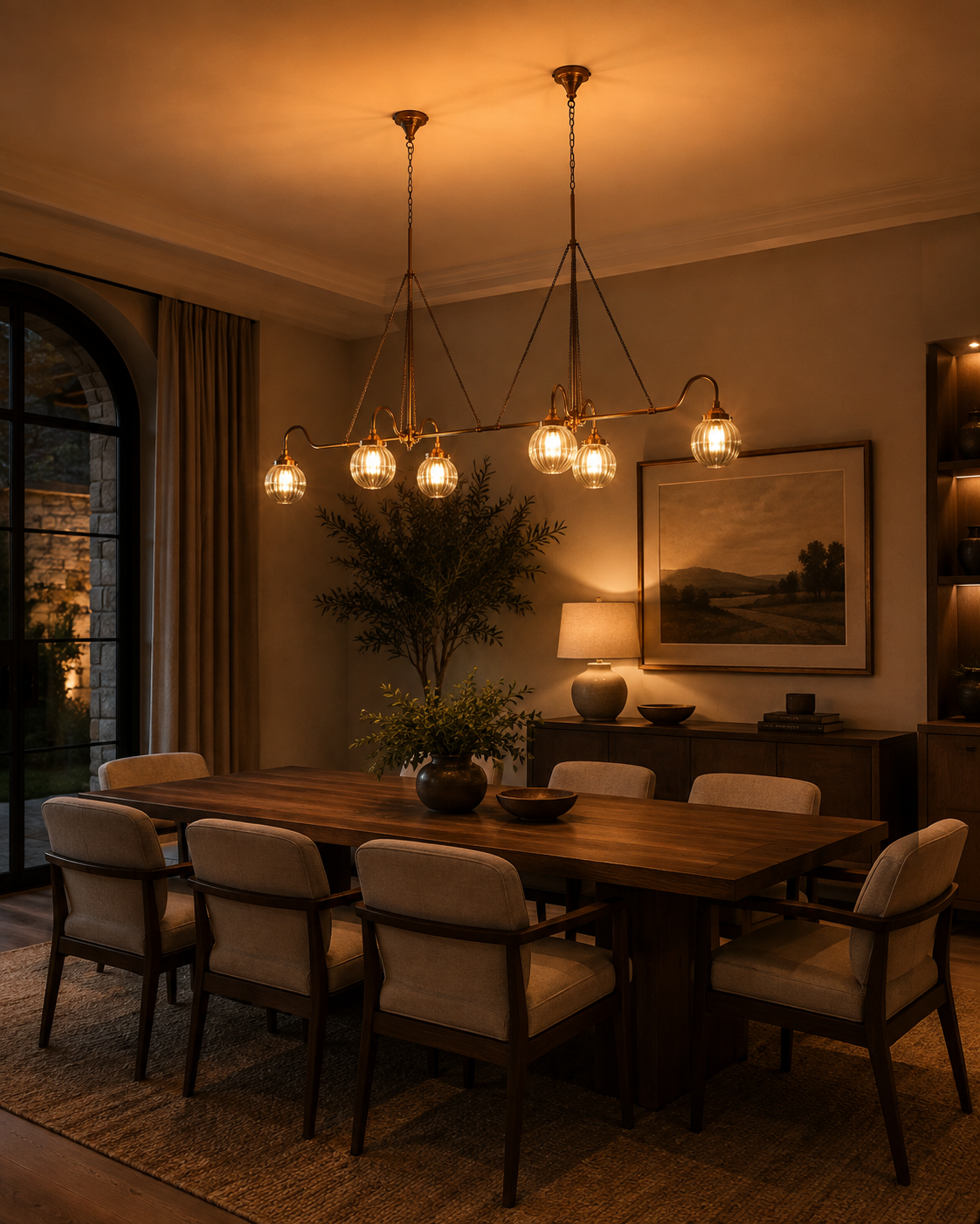 Long dining room chandelier with ribbed glass globe shades and brass frame for statement lighting over tables
