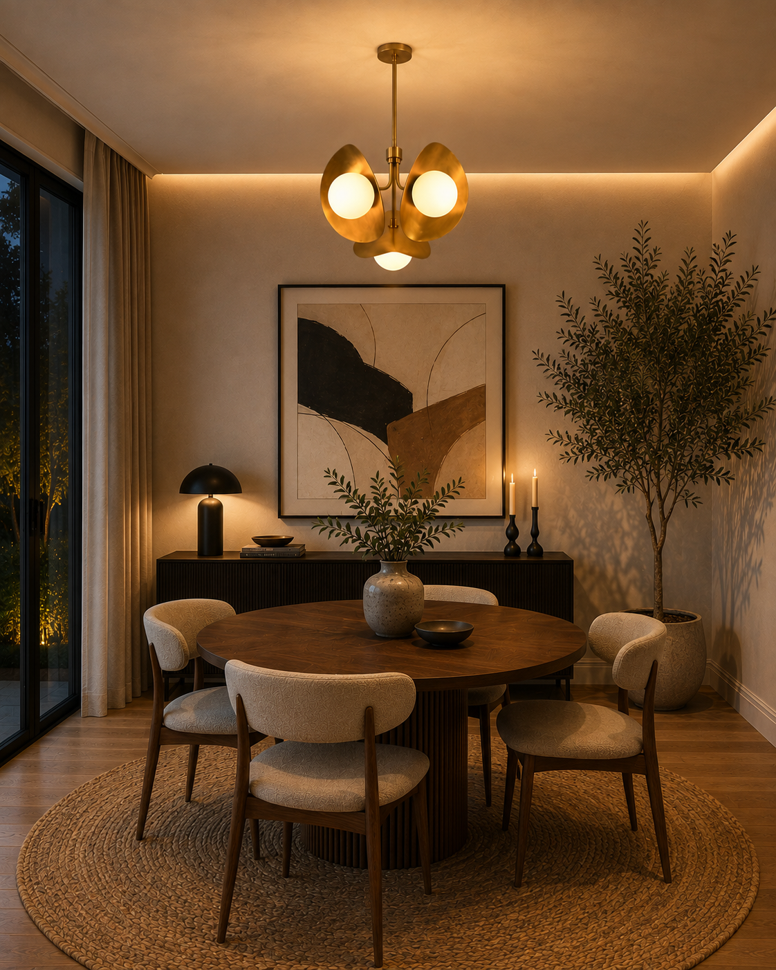 Lotus globe chandelier glowing warmly in a dim room with three opal globes and sculptural brass petal design