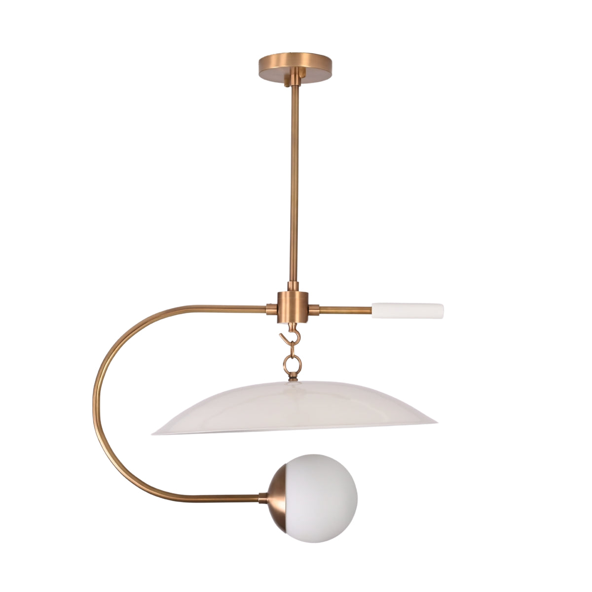 Brass and white globe pendant light with sculptural arc detail for kitchen island or dining room