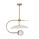 Brass and white globe pendant light with sculptural arc detail for kitchen island or dining room