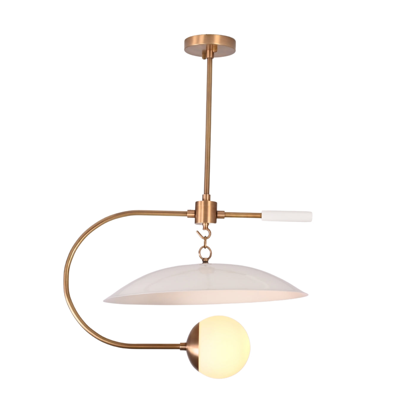 Luna Arc globe pendant light shown illuminated with warm ambient glow and sculptural curved arm design