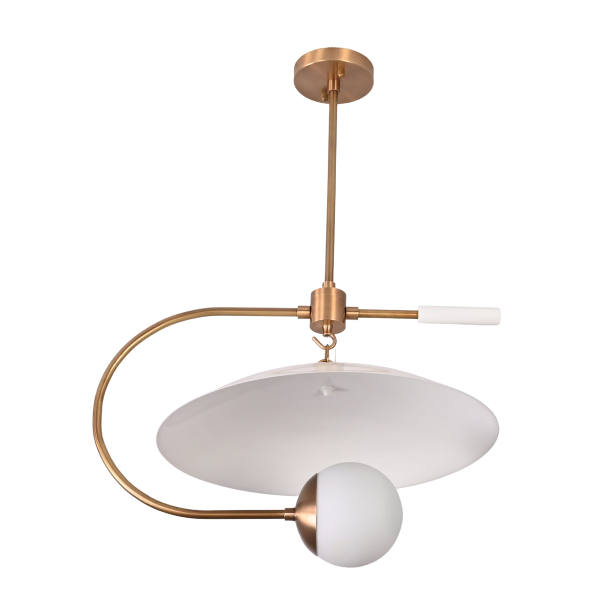 Illuminated Luna Arc pendant light creating soft warm lighting for dining rooms and living spaces