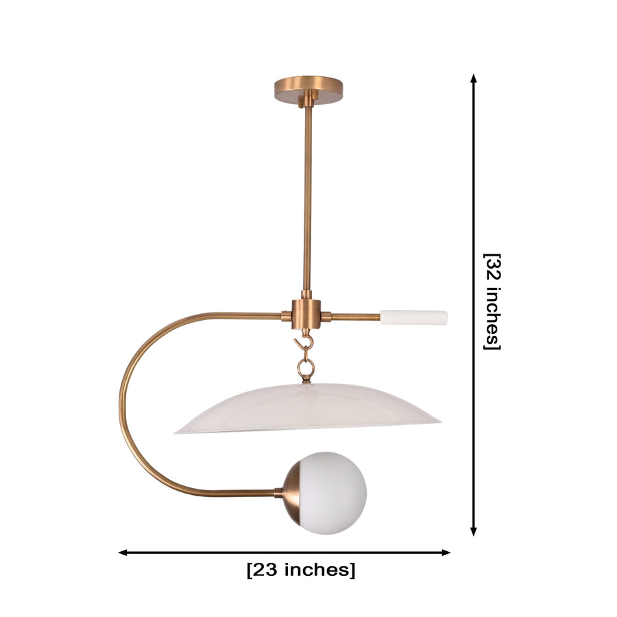 Luna Arc globe pendant light shown illuminated with warm ambient glow and sculptural curved arm design