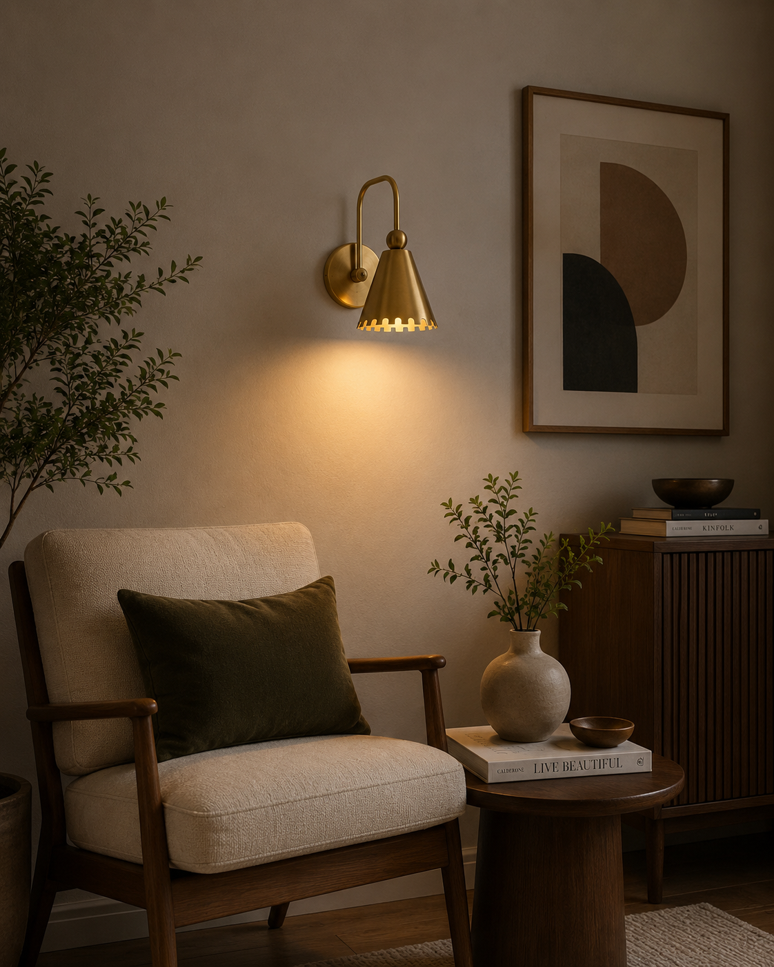 Luna Scalloped Cone Wall Sconce 10 Inch Installed in a Modern Living Room Model 32703