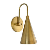 Front view of the Luna Tapered Cone Wall Sconce Model 32705 featuring a handcrafted tapered cone shade and curved brass arm.