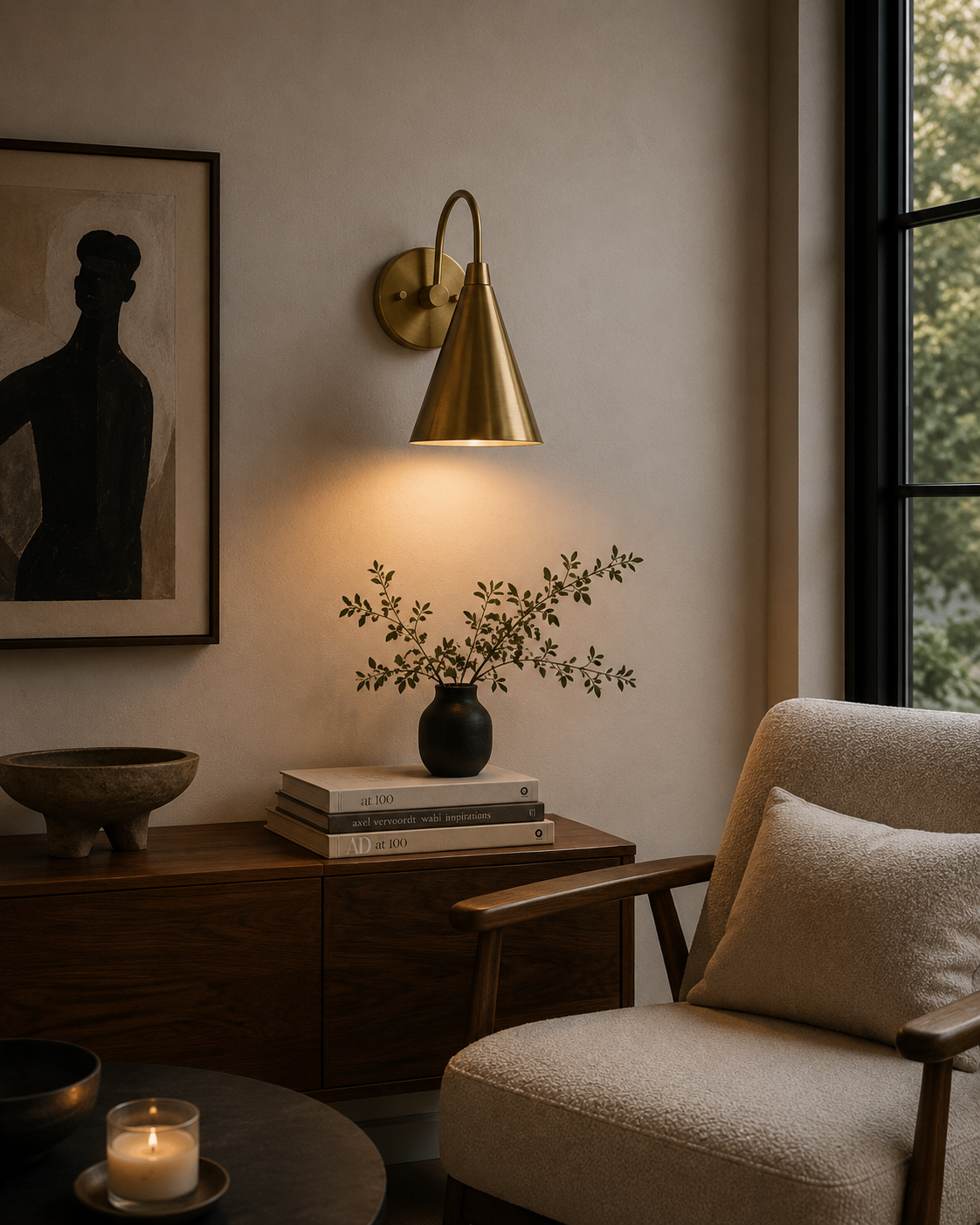 Luna Tapered Cone Wall Sconce Model 32705 installed in a modern living room, providing warm ambient lighting with a handcrafted solid brass finish.