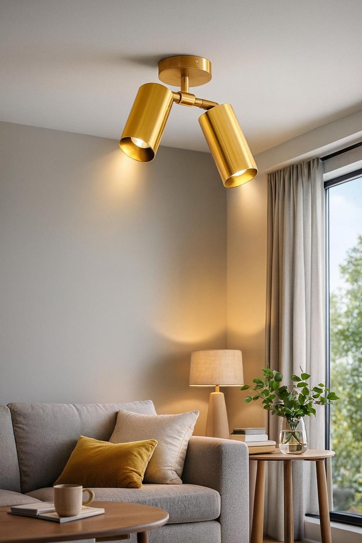 Luxury brushed brass double spotlight ceiling light illuminating modern living room with sofa and side table.