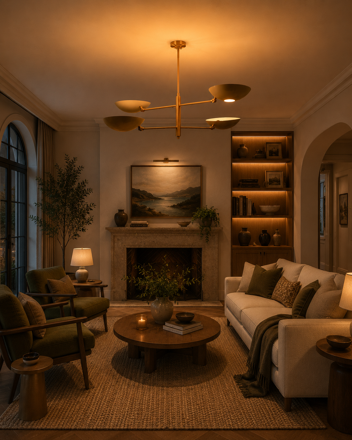 Luxury dining room chandelier with four bowl shades creating warm ambient lighting above interior seating