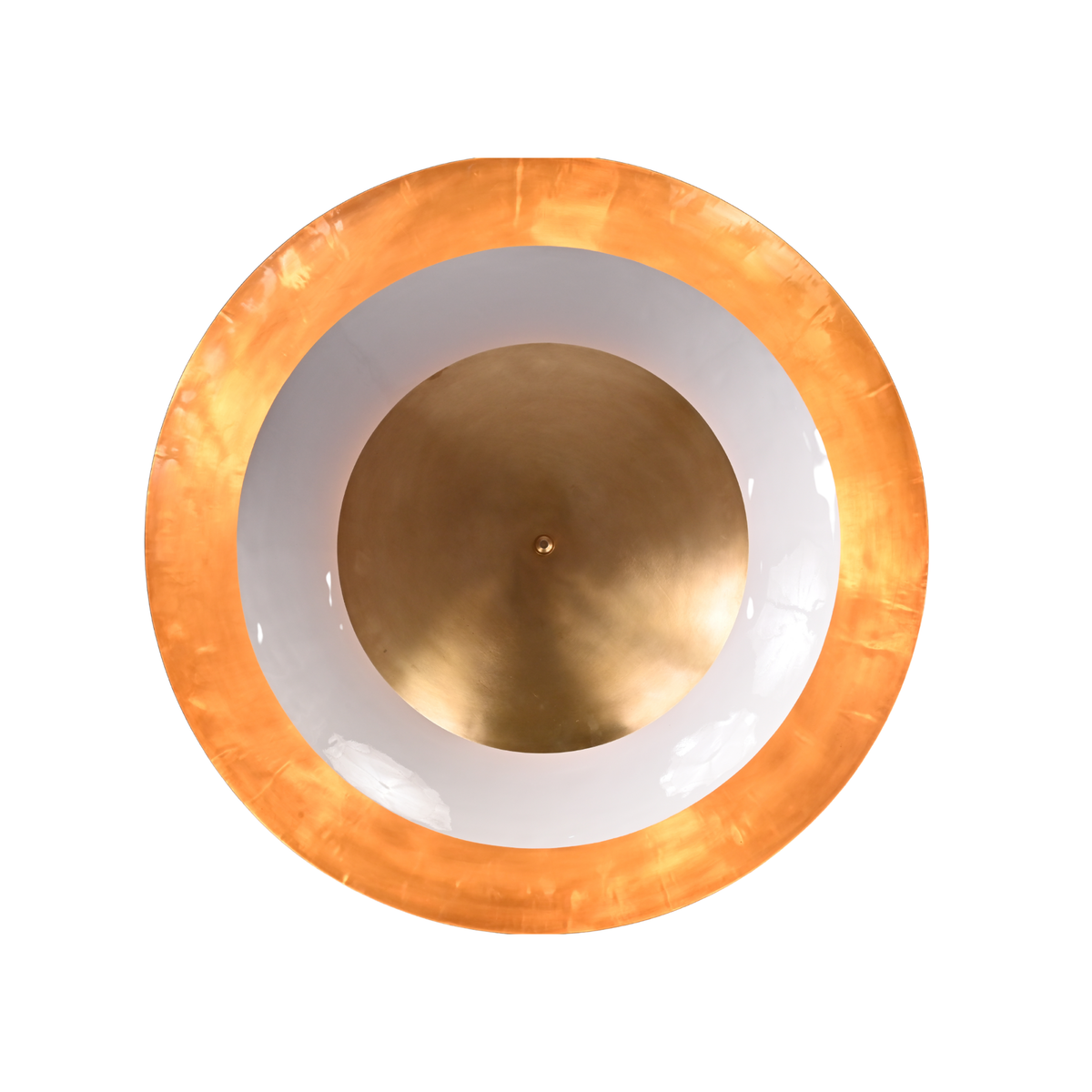 Luxury layered ceiling pendant light with wide disc shade, central diffuser bowl, and warm glow for upscale interiors