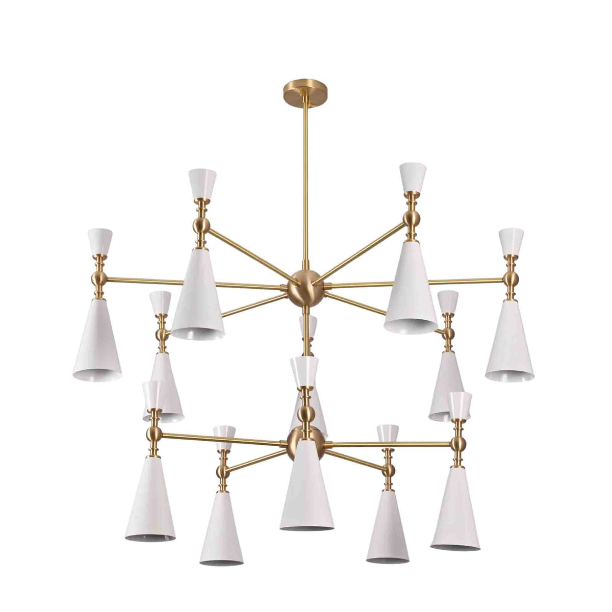 Luxury living room featuring a 12-light cone chandelier with white shades and brushed brass finish above the seating area